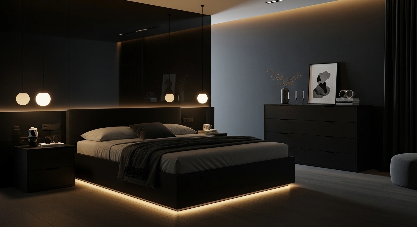 Black Furniture Against Dark Walls