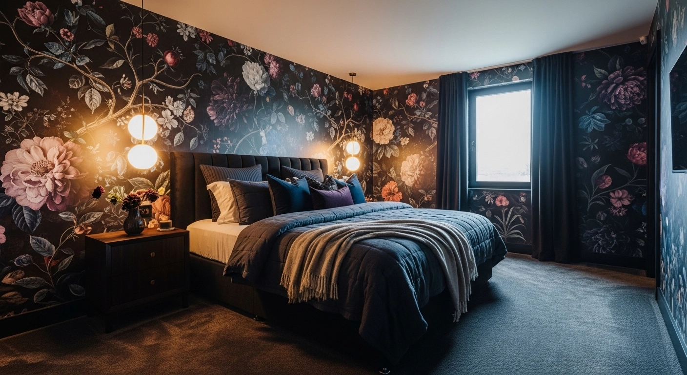 Dark Floral Wallpaper for Romantic Black Bedroom Ideas