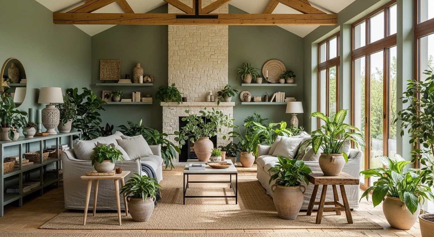 Design a Biophilic Living Room With Green as the Foundation