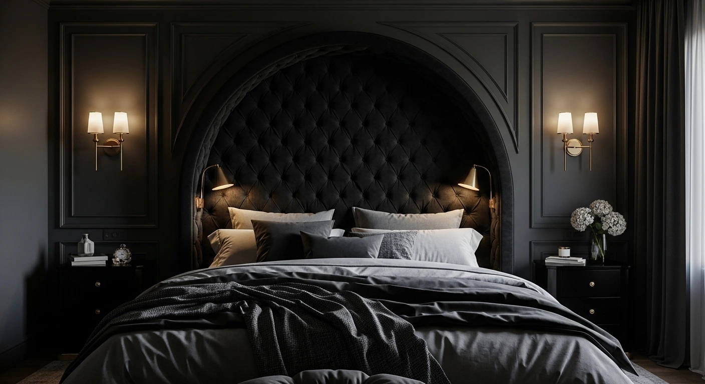 Statement Headboard in a Dark Bedroom