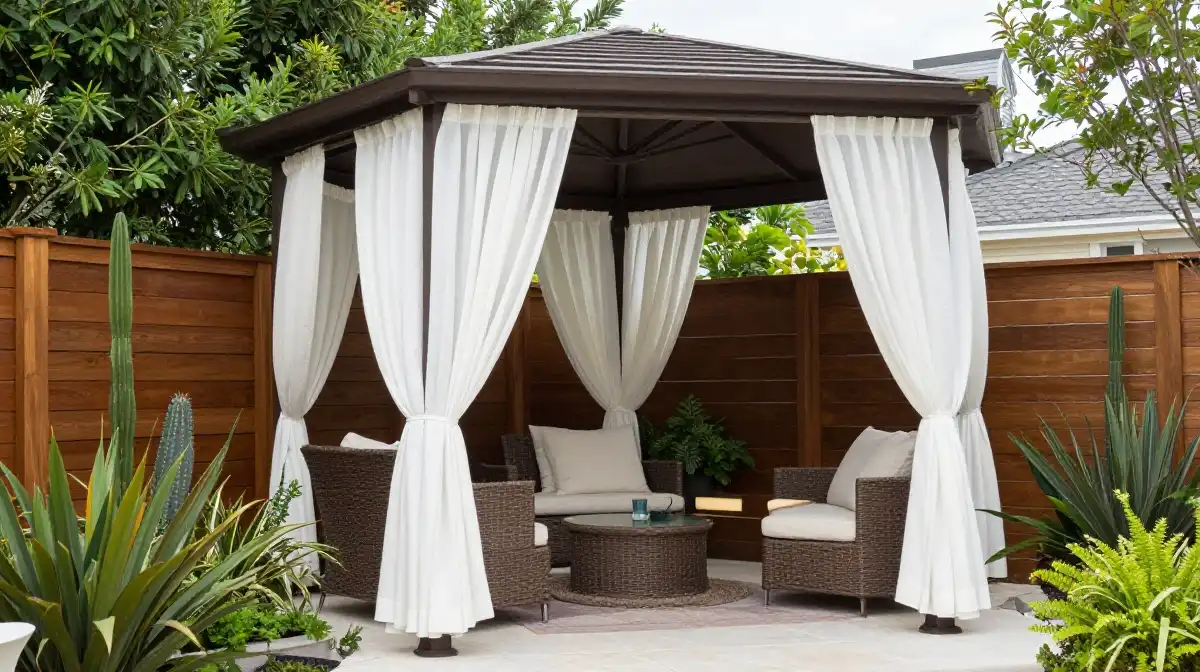 Backyard Gazebo Ideas with Curtains and Privacy Screens