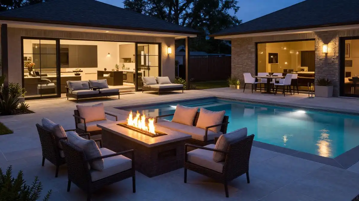 Backyard Pool Ideas with Fire Pits and Cozy Lounge Areas