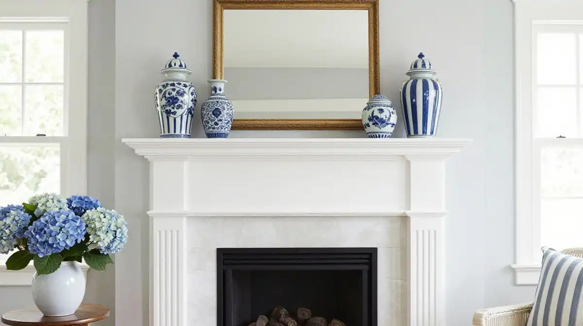 Blue and White Summer Mantel Decorating Inspiration
