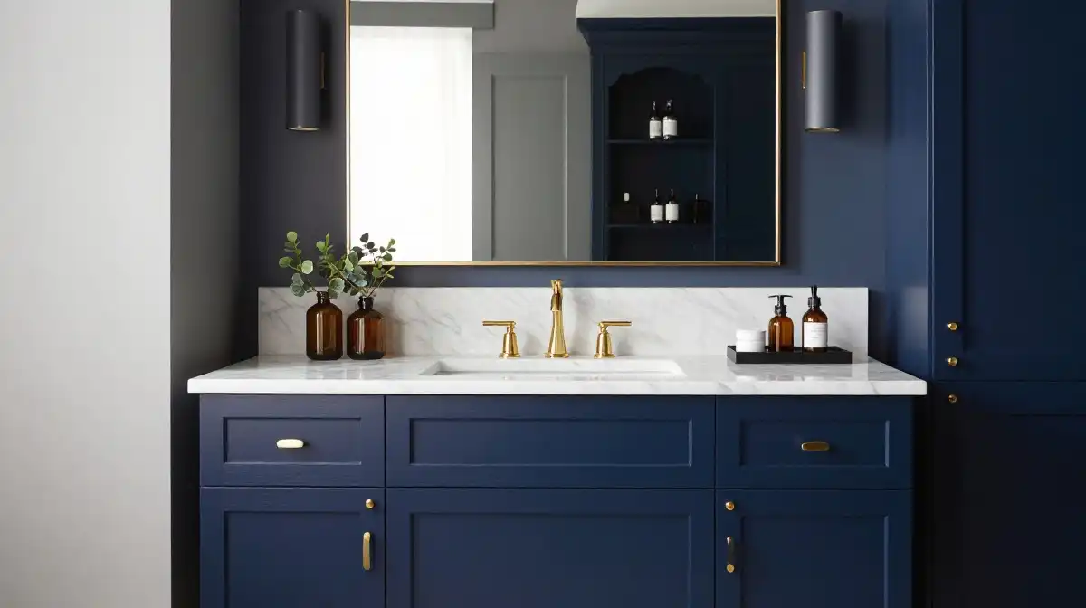 Elegant Vanity Ideas for a Moody Blue Bathroom