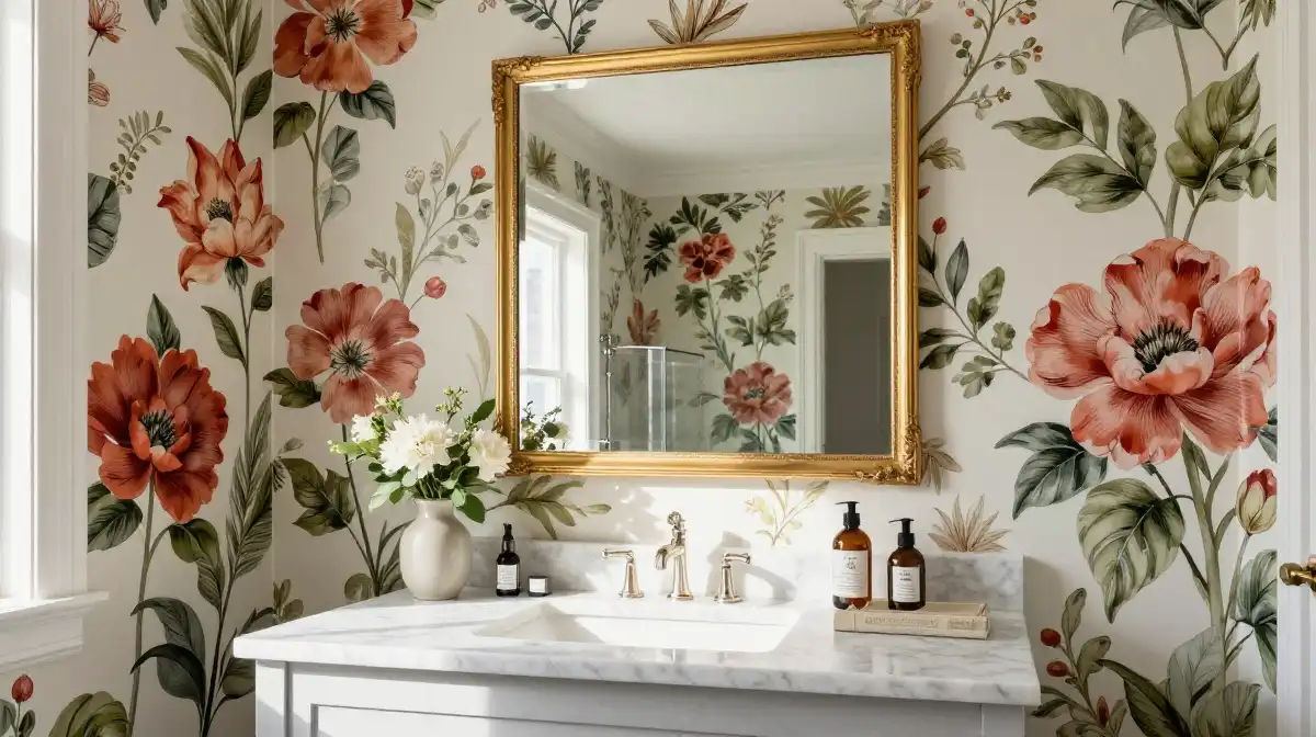 Floral Bold Bathroom Wallpaper Ideas