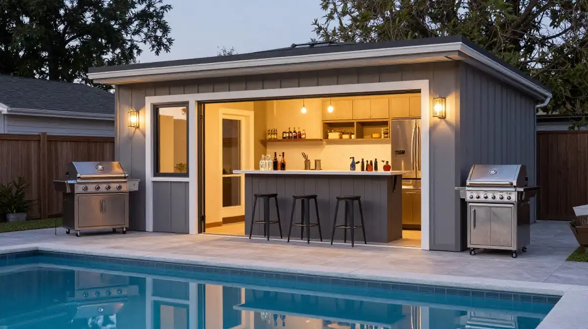 Functional Pool House Layouts with Kitchenette or Bar Area