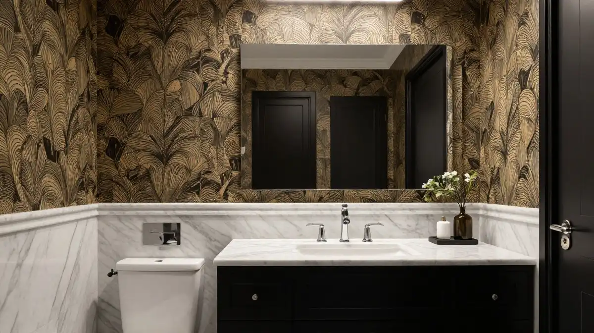 Mixing Bold Wallpaper with Bathroom Tiles