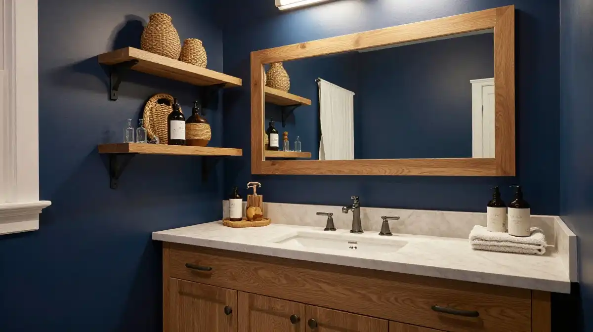 Moody Blue Bathroom Decor with Wood Accents