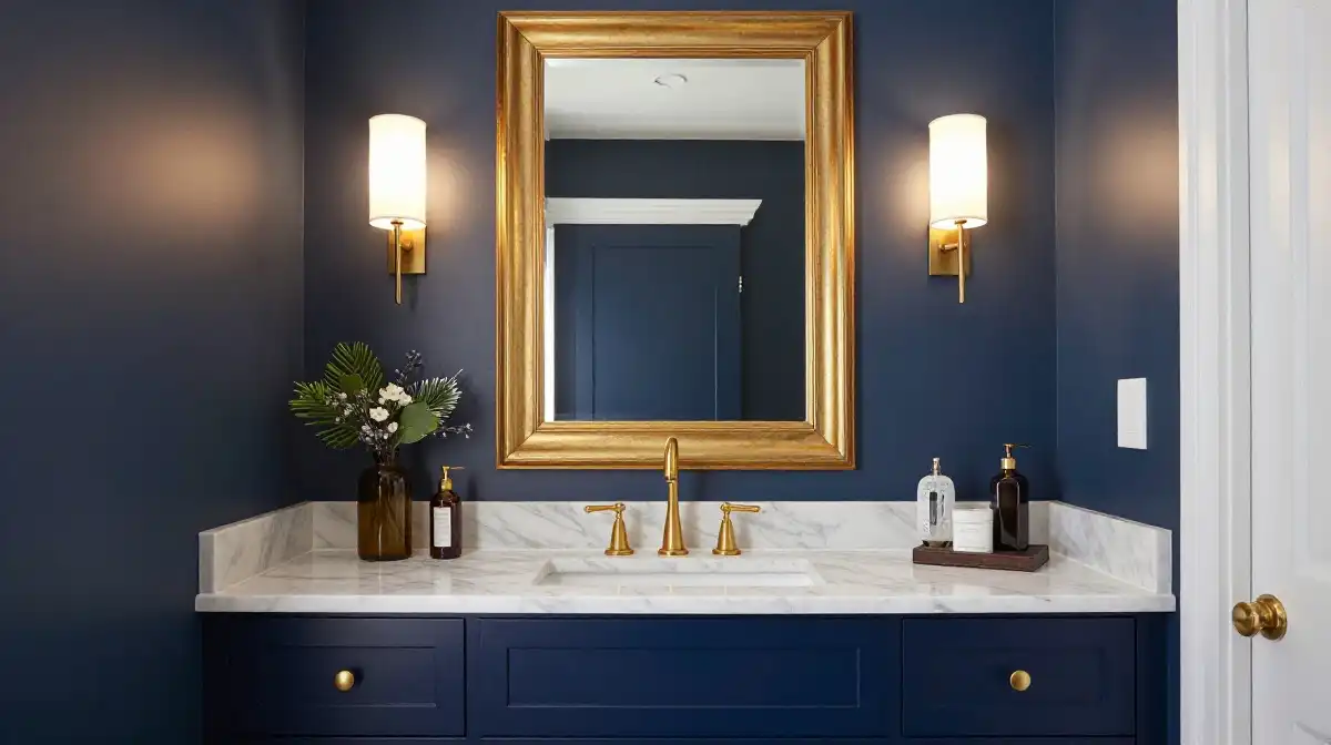 Moody Blue Bathroom Ideas with Gold Fixtures