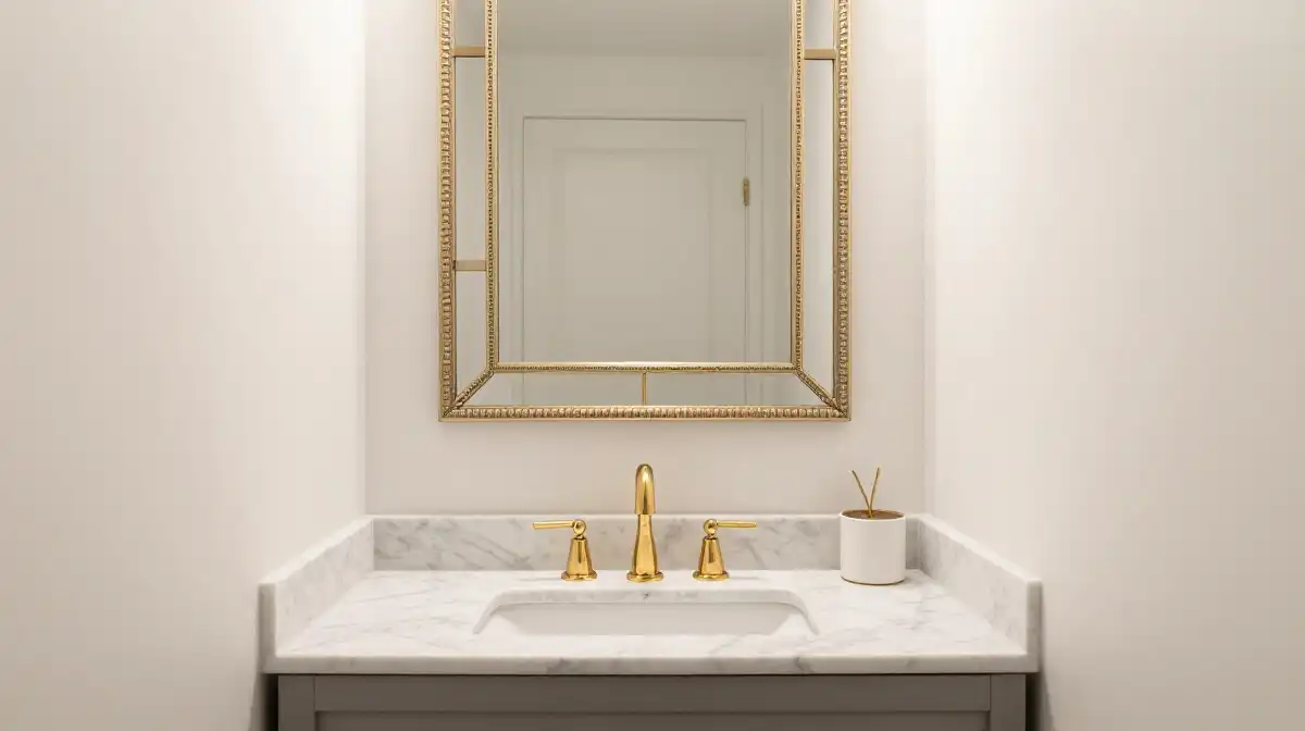 Tiny Powder Room Ideas With Elegant Gold Fixtures