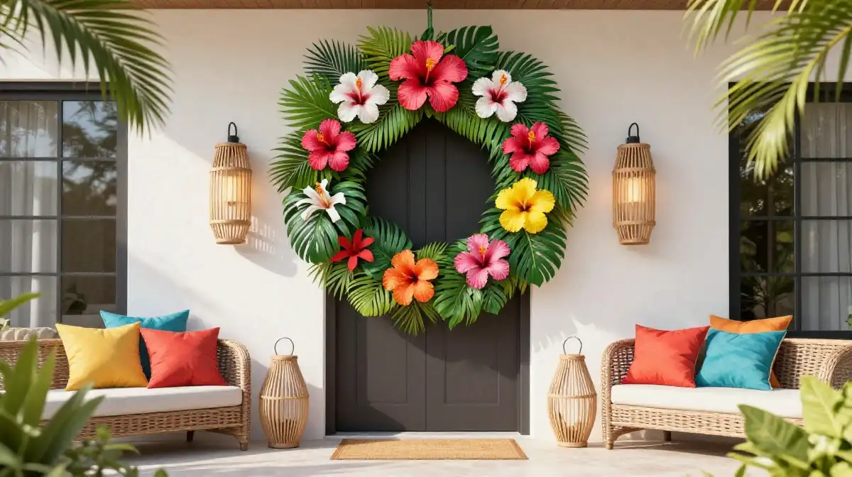 Tropical Summer Wreaths with Palm Leaves and Vibrant Flowers