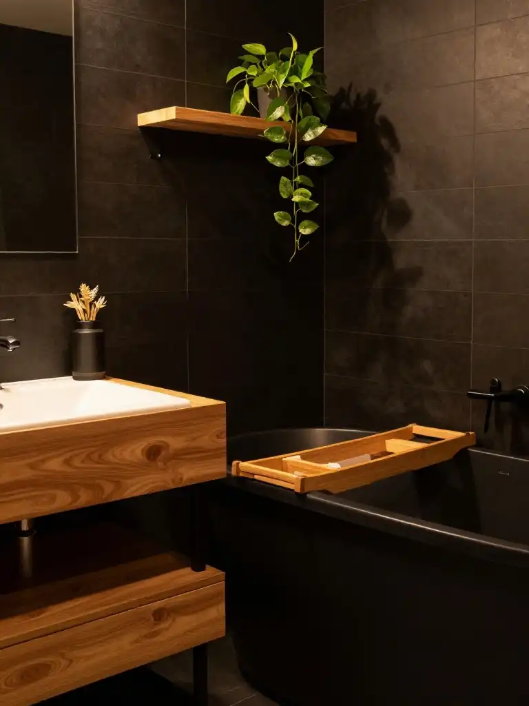 Black Bathroom with Wood Accents for a Warm, Natural Feel