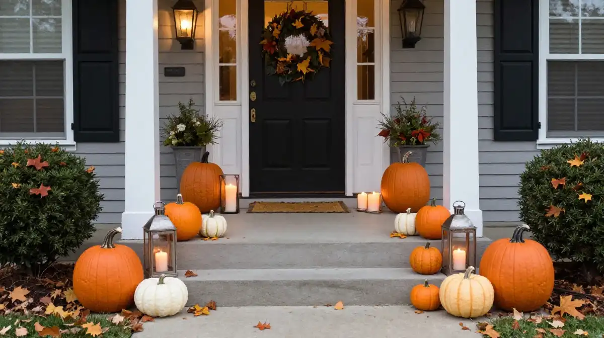 Decorating Porch Steps with Pumpkins and Lanterns