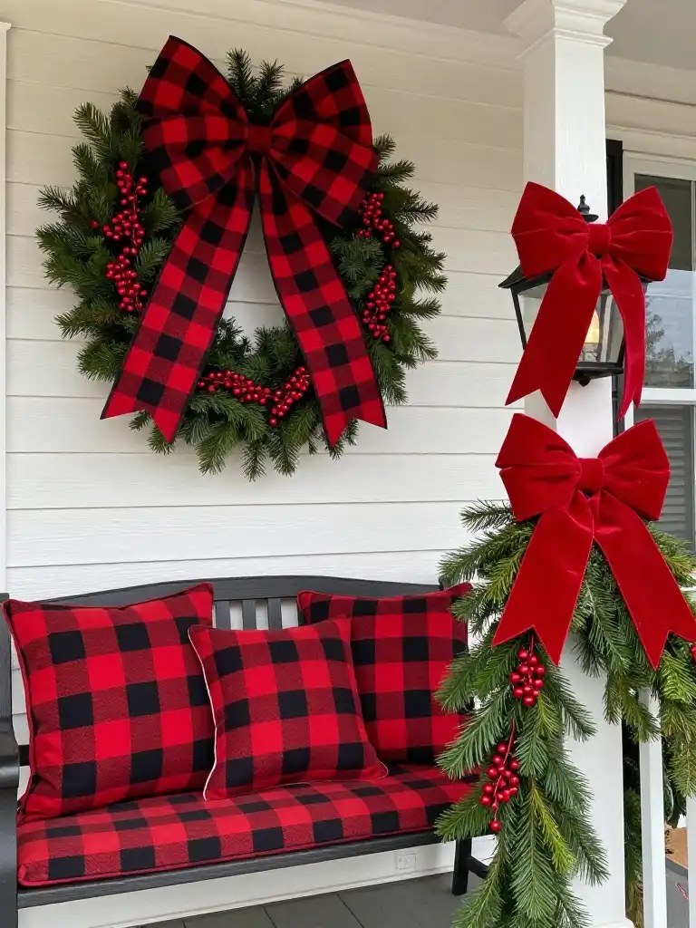 Front Porch Christmas Decor Ideas with Red and Buffalo Check