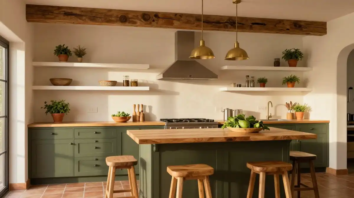 Green Kitchen Cabinets with Wood Accents