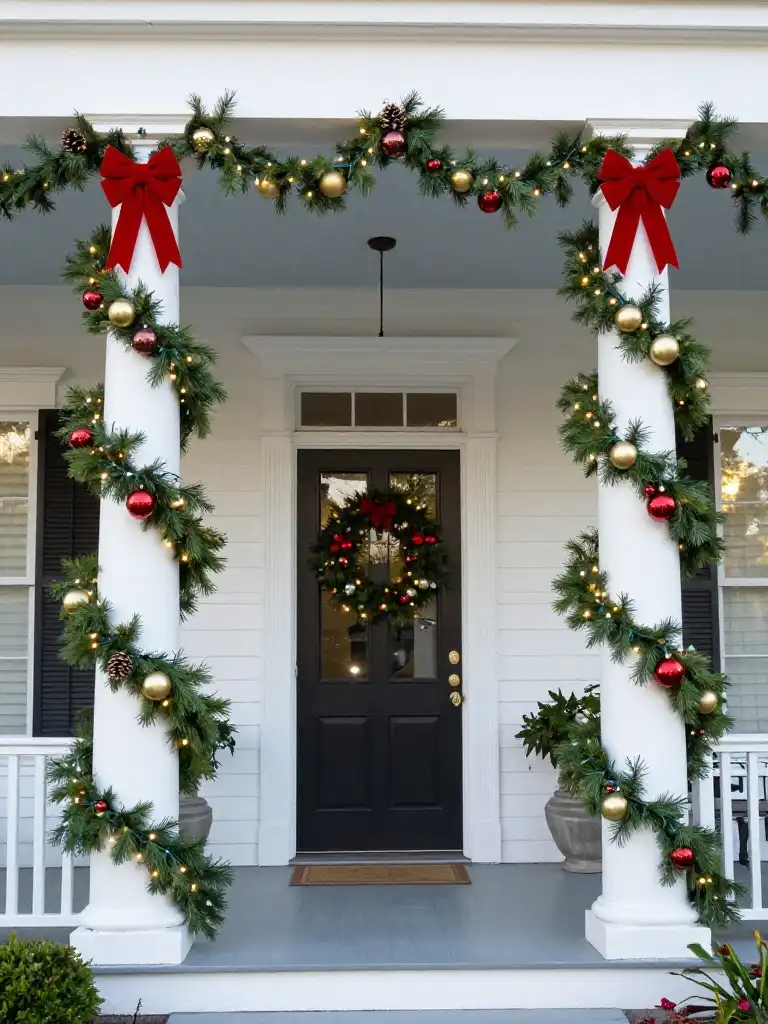 How to DecoratePorch Columns with Christmas Garland