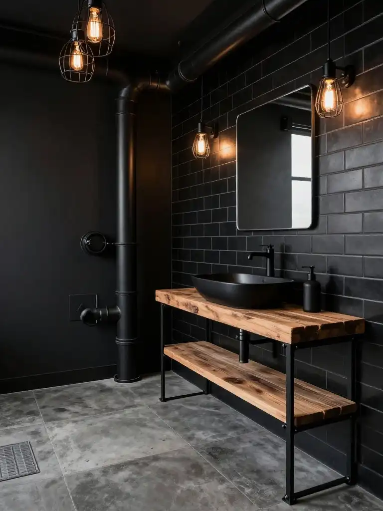 Industrial Style Black Bathroom Ideas with Raw Textures