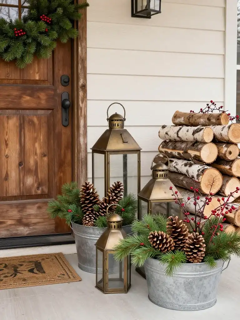Rustic Front Porch Christmas Decor with Lanterns and Pinecones