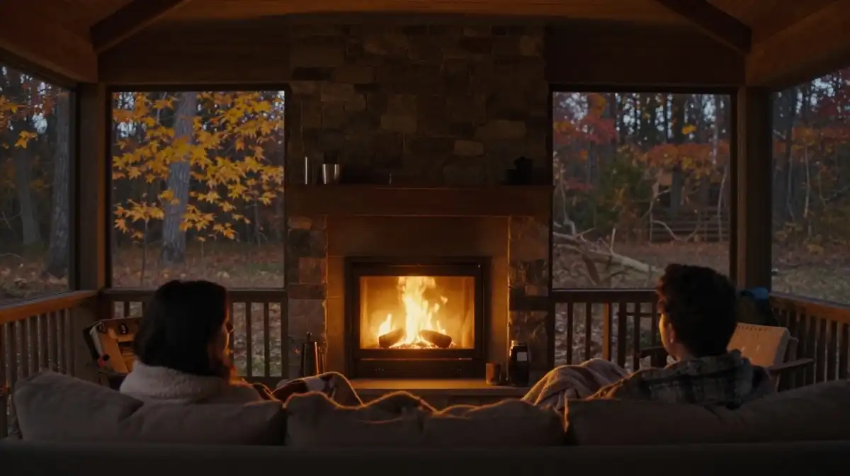 Screened In Back Porch Ideas With a Fireplace or Fire Pit