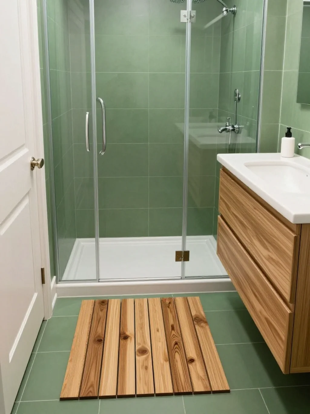 Green Bathroom with Natural Wood Accents