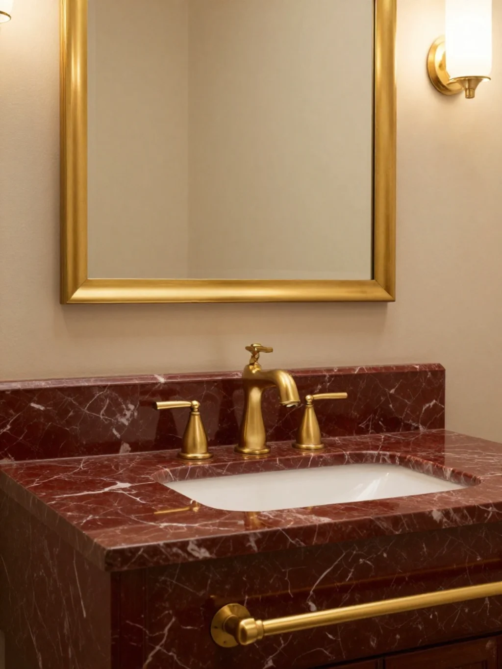 Red Marble Bathroom Mein Gold Fixtures Ka Perfect Pairing