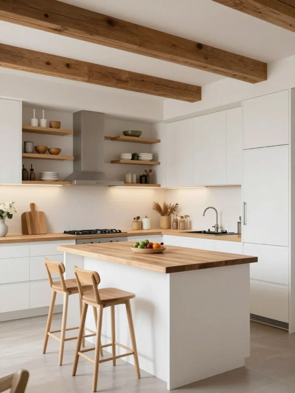 White Kitchen with Wood Accents for Warmth